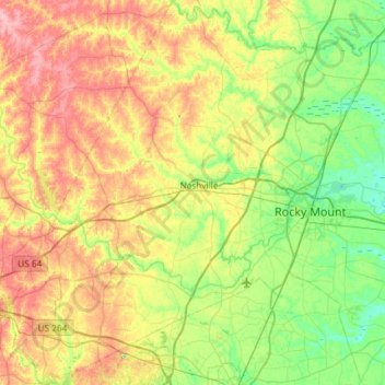 Mapa topográfico Nash County, altitude, relevo