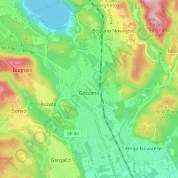 Mapa topográfico Gozzano, altitude, relevo