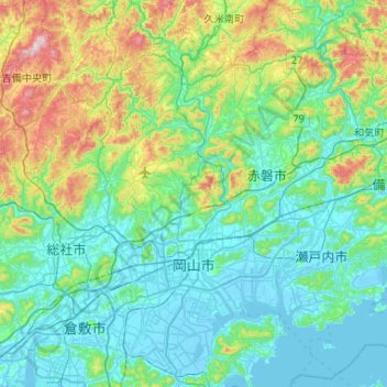 Mapa topográfico 岡山市, altitude, relevo