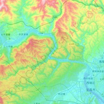 Mapa topográfico 夷陵区, altitude, relevo