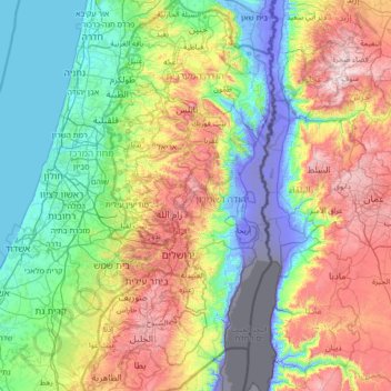 Mapa topográfico Cisjordânia, altitude, relevo