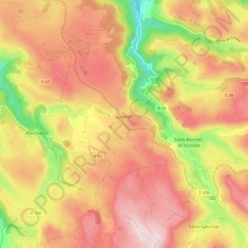 Mapa topográfico Lugarde, altitude, relevo