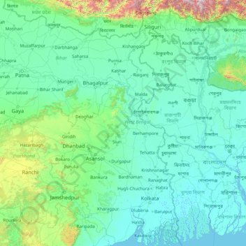 Mapa topográfico Bengala Occidental, altitude, relevo