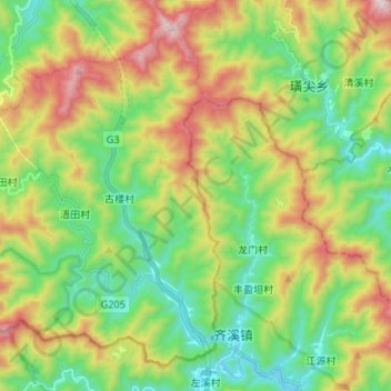 Mapa topográfico 龙田乡, altitude, relevo