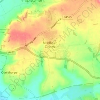 Mapa topográfico Middleton Cheney, altitude, relevo