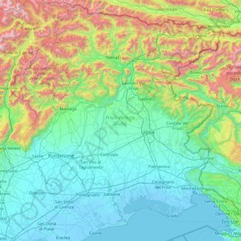Mapa topográfico Friuli-Venezia Giulia, altitude, relevo