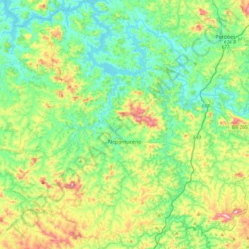 Mapa topográfico Nepomuceno, altitude, relevo