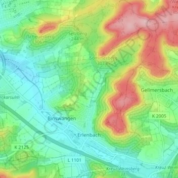 Mapa topográfico Erlenbach, altitude, relevo