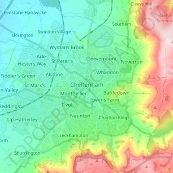 Mapa topográfico Cheltenham, altitude, relevo