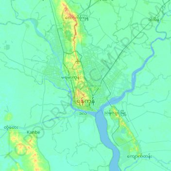 Mapa topográfico Yangon, altitude, relevo
