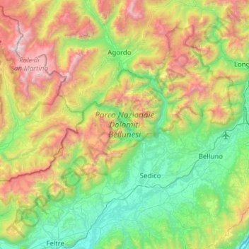 Mapa topográfico Belluno, altitude, relevo