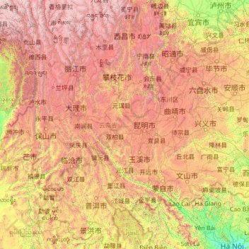 Mapa topográfico 云南省, altitude, relevo