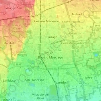 Mapa topográfico Bovisio Masciago, altitude, relevo