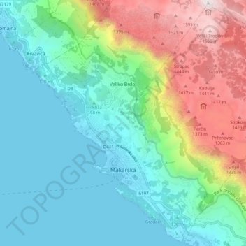Mapa topográfico Makarska, altitude, relevo