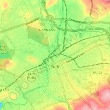 Mapa topográfico York, altitude, relevo