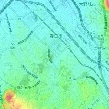 Mapa topográfico 春日市, altitude, relevo