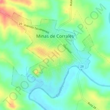 Mapa topográfico Minas de Corrales, altitude, relevo
