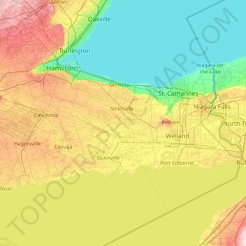Mapa topográfico Niagara Peninsula, altitude, relevo