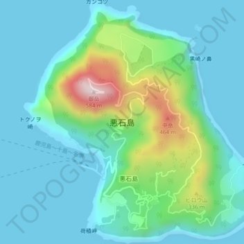 Mapa topográfico 悪石島, altitude, relevo