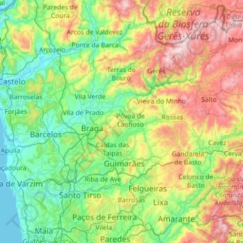 Mapa topográfico Portugal, altitude, relevo