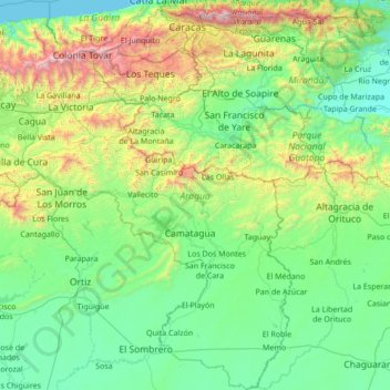 Mapa topográfico Aragua, altitude, relevo