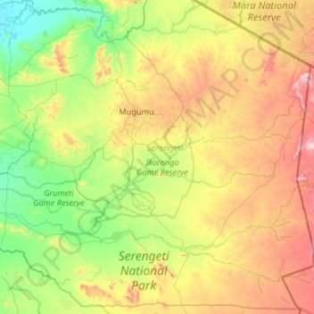 Mapa topográfico Serengeti, altitude, relevo
