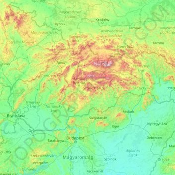 Mapa topográfico Eslováquia, altitude, relevo
