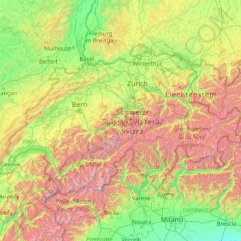 Mapa topográfico Suíça, altitude, relevo