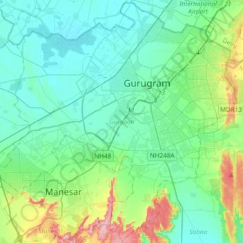 Mapa topográfico Gurgaon, altitude, relevo