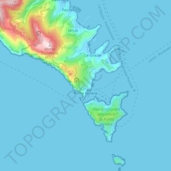 Mapa topográfico Porto Venere, altitude, relevo