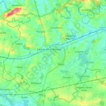 Mapa topográfico Leuze-en-Hainaut, altitude, relevo