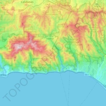 Mapa topográfico Topanga, altitude, relevo