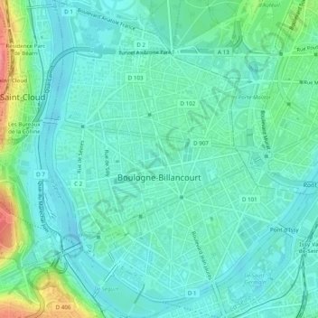 Mapa topográfico Boulogne-Billancourt, altitude, relevo
