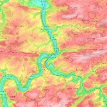 Mapa topográfico Dinant, altitude, relevo