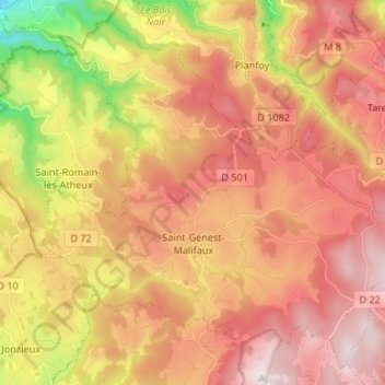 Mapa topográfico Saint-Genest-Malifaux, altitude, relevo
