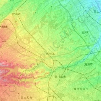 Mapa topográfico 所沢市, altitude, relevo