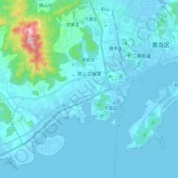 Mapa topográfico 灵山卫街道, altitude, relevo