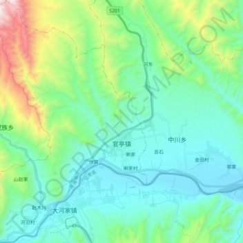 Mapa topográfico 官亭镇, altitude, relevo