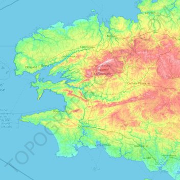 Mapa topográfico Finistère, altitude, relevo