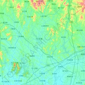 Mapa topográfico 红安县, altitude, relevo
