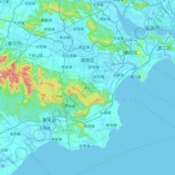 Mapa topográfico 潮南区, altitude, relevo