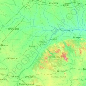 Mapa topográfico Baloda Bazar, altitude, relevo