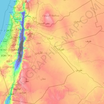 Mapa topográfico Jordânia, altitude, relevo