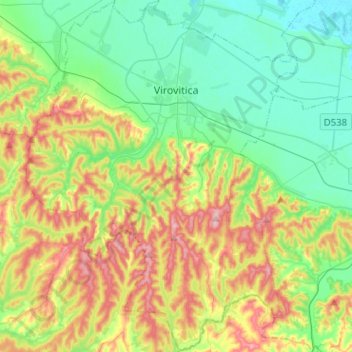 Mapa topográfico Grad Virovitica, altitude, relevo