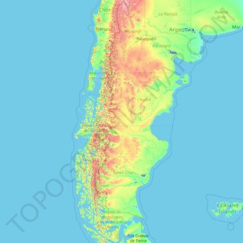 Mapa topográfico Patagônia, altitude, relevo