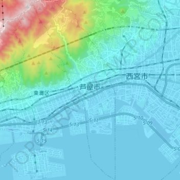 Mapa topográfico 芦屋市, altitude, relevo