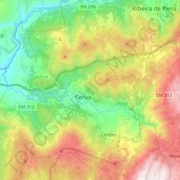 Mapa topográfico Cerva, altitude, relevo