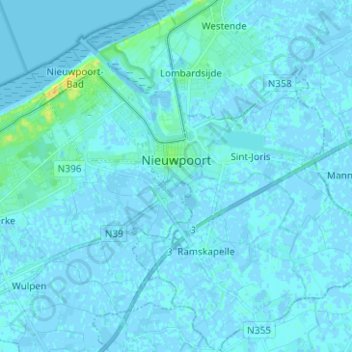Mapa topográfico Nieuwpoort, altitude, relevo