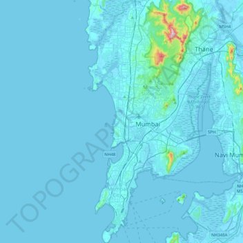 Mapa topográfico Mumbai, altitude, relevo