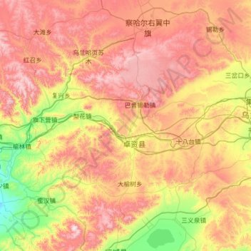 Mapa topográfico Zhuozi County, altitude, relevo